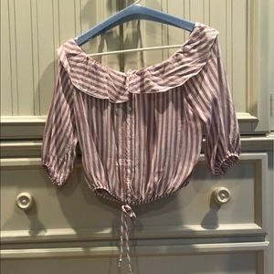 Pink and White Off-The-Shoulder Crop Top